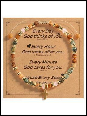 Stone Beaded Cross Bracelet Slide Clasp Women Inspirational Adjustable